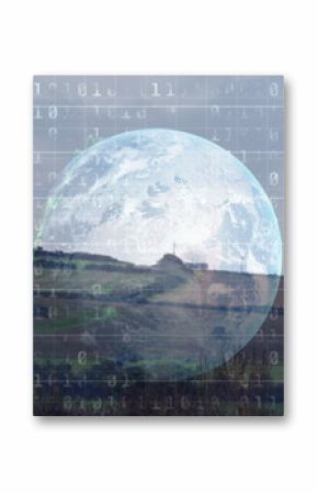 Image of graphs, globe and data processing over wind turbine