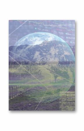 Image of graphs, globe and data processing over wind turbine