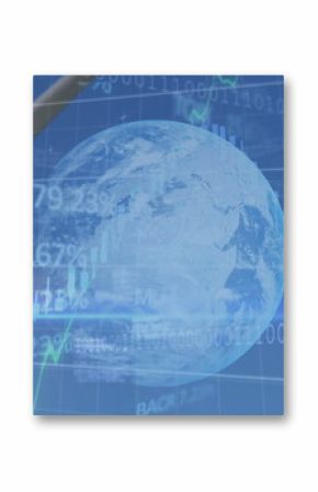 Image of graphs, globe and data processing over wind turbine