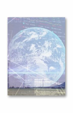 Image of graphs, globe and data processing over wind turbine
