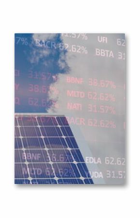 Image of financial data processing over solar panels