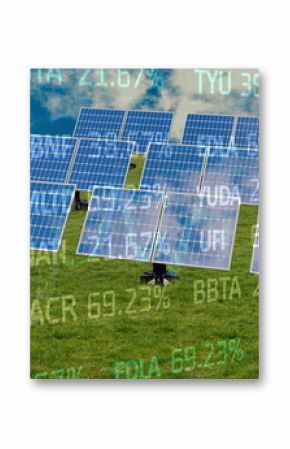 Image of financial data processing over solar panels