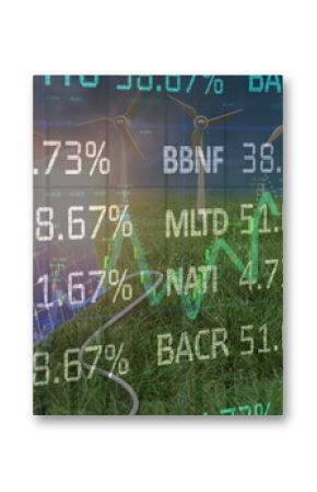 Image of financial data and graphs over solar panels