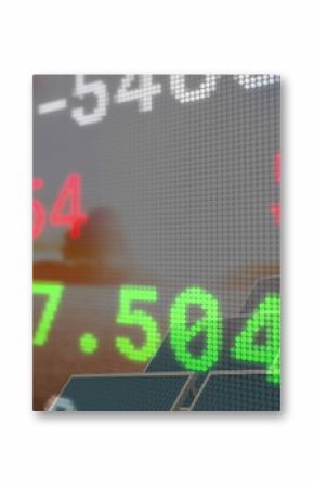 Image of financial data and graphs over solar panels