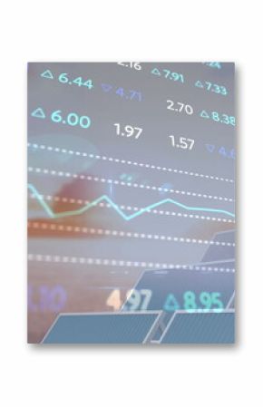 Image of financial data and graphs over solar panels