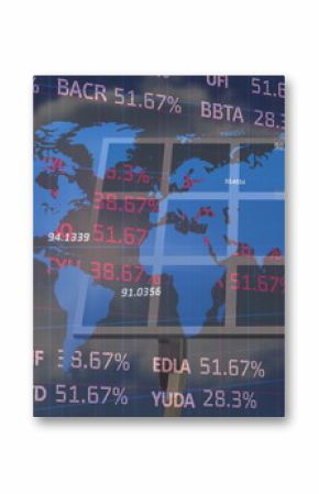 Image of world map, financial data and graphs over solar panels