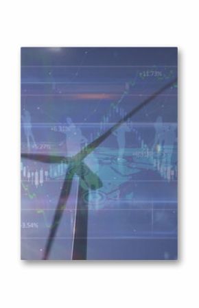 Image of financial data and graph over landscape with wind turbines