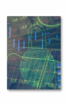 Image of digital padlock, financial data and graphs over solar panels