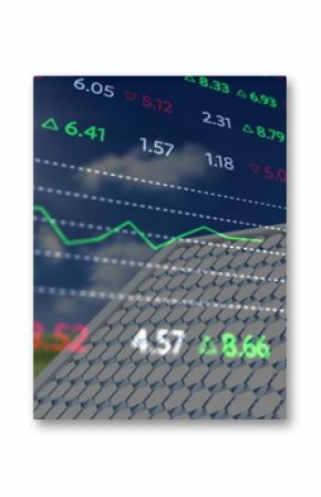 Image of financial data and graphs over solar panels