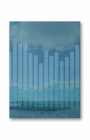 Image of financial graphs over landscape with lake and clouds