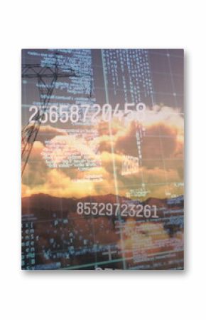 Image of data processing and numbers over electricity poles