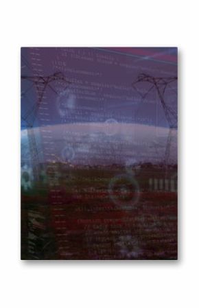 Image of data processing on digital screens over electricity poles