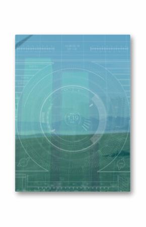 Image of graph data with hud processing on digital interface over wind turbine field