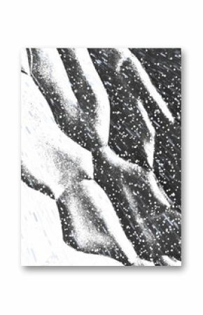 Image of rain and white particles over moving organic white shapes on black background