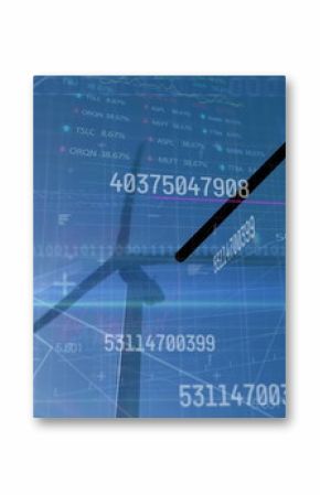 Image of financial data processing and binary coding over wind turbines