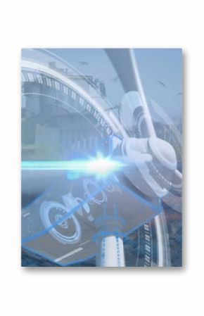 Image of windmill spinning with circular interface over bulldozer unloading junk at landfill