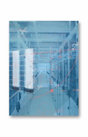 Extending server aisle receding through data center corridor, with blinking LEDs and data streams