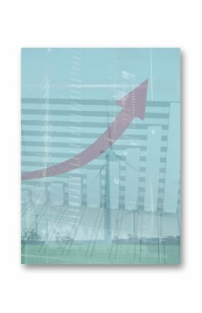 Image of statistical data processing over spinning windmills on grassland against blue sky