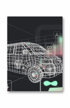 Displaying wireframe van model rotating within 3D grid, with CO? icon and wind turbine symbol