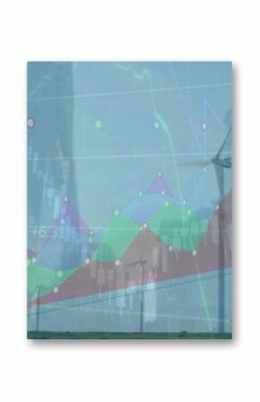 Showing wind turbine turning on plain by tree, building overlaying candlestick, area  and  line char