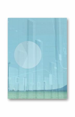 Showcasing wind turbines between grassy plain and mountain, showing data charts world map skyline