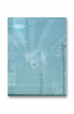 Standing tall wind turbine right in warehouse grassland with racks and digital overlays, copy space