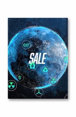Displaying 3D Earth globe with mesh overlay and SALE text in dark network, with green icons