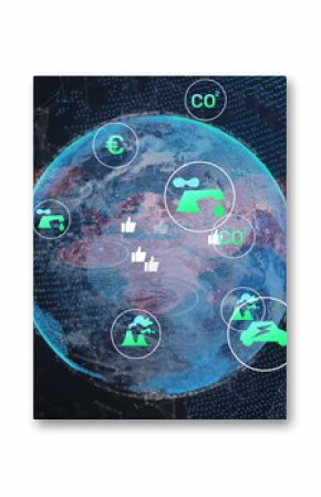 Displaying dotted globe graphic rotating in dark data dashboard, with CO?, factory, car icons