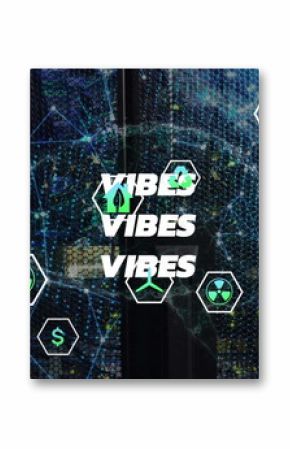 Displaying bold VIBES text repeating over data center, with hexagonal green and white energy icons