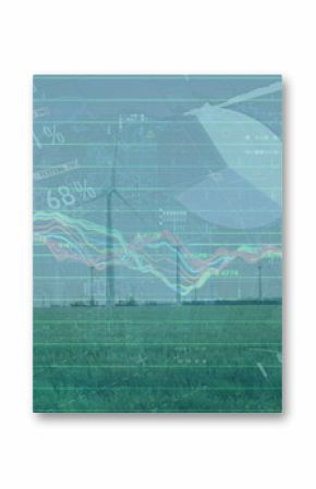 Showing line of white three-blade wind turbines spanning grassland hills with digital charts
