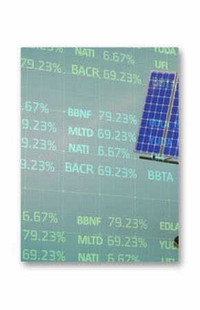 Showing freestanding solar panel in digital grid space, with stock ticker percentages, copy space