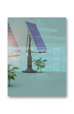 Tracking three solar panels rotating on motorized mounts in studio, with plants and data overlay