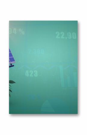 Displaying solar panel with potted plant on green gradient, showing data visualization, copy space