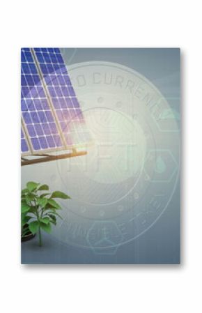 Featuring solar panel with green plant on stand in abstract studio, with NFT coin, hex icons