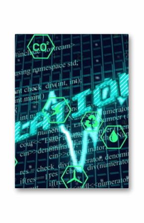 Displaying glowing turquoise CLIMATE RISK letters and chart on dashboard, hex icons and code