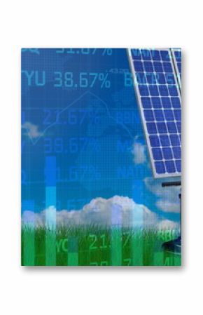 Rotating solar panel on tracking mount in grassy field, with financial data overlays, copy space