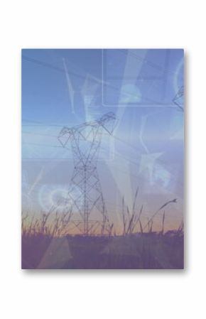 Standing three transmission towers over rural grassland at sunrise, with holographic data visuals