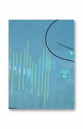 Wind turbine standing on rural hill with bar charts, network lines, hexagon icons, copy space