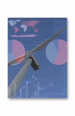 Showing wind turbine nacelle, rotor hub and blade spinning at wind farm with digital data overlays