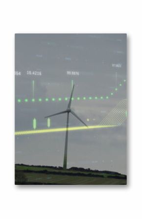 Rotating wind turbine rising above farmland with hedgerows, with floating data points, candlesticks