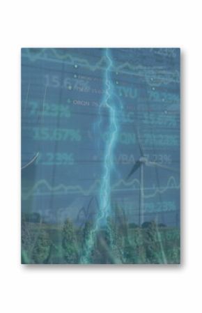 Towering wind turbines intersecting lightning at wind farm, with grass and financial overlays