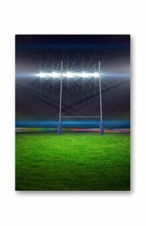 Flat design grass field glowing with floodlights, showing H goalposts with blue pads and ad boards