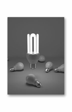 Illustration of lit energy efficient lightbulb over bulbs
