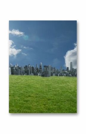 Flat design is depicting hilltop with wind turbines and shrubs overlooking skyline under sunny sky