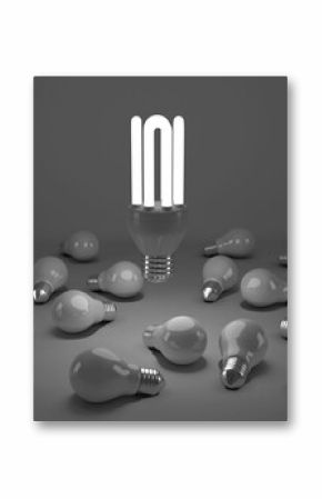 Computer generated image of lit energy efficient lightbulb over bulbs