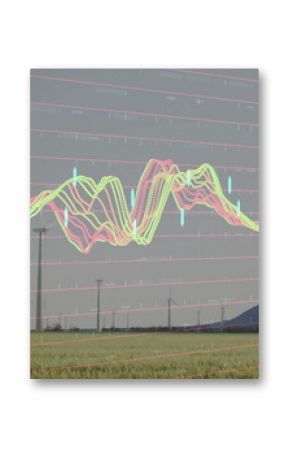 Neon-colored wavy lines forming graph in farmland and mountain ridge, wind turbines and grid lines