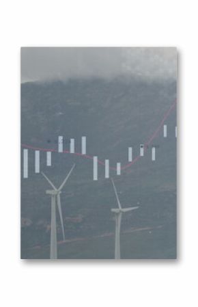 Three wind turbines towering in mountain wind farm, with white candlestick bars, red moving average