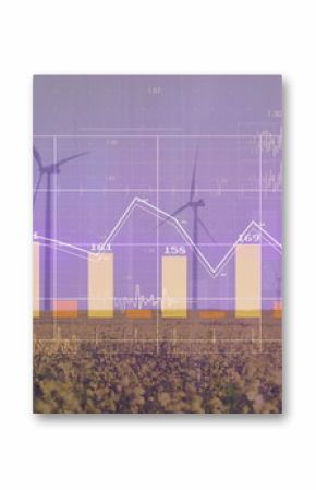 Displaying bar and line chart overlaying yellow field and wind turbines, gridlines and axis labels