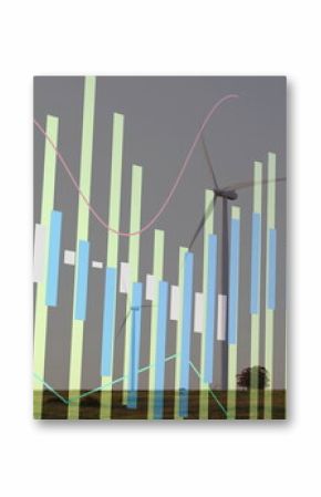Showing wind turbine tower rotating on grassland, with vertical bars and line graphs, copy space