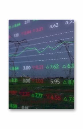 Showing transmission towers stretching across grassy field with digital numeric line graph overlay
